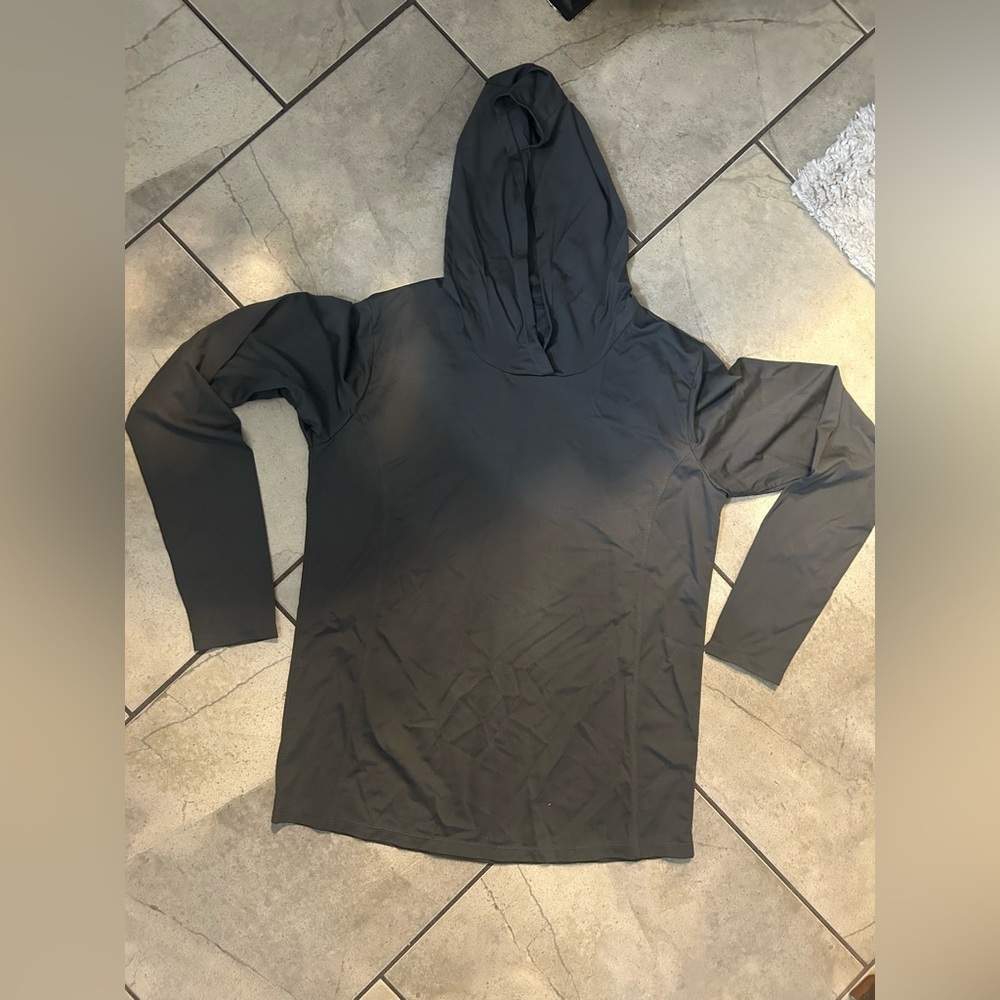 Athletic Hoodie Pullover Thumb Holes Medium Green Gray Activewear Gym Top - Picture 2 of 2
